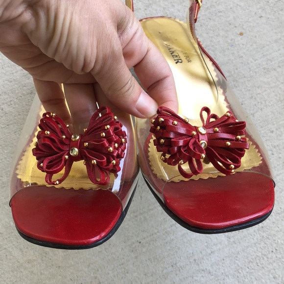 BOB BAKER Clear & Red Bow Front Peep Toe Sling Back Wedge Sandals - Picture 8 of 14
